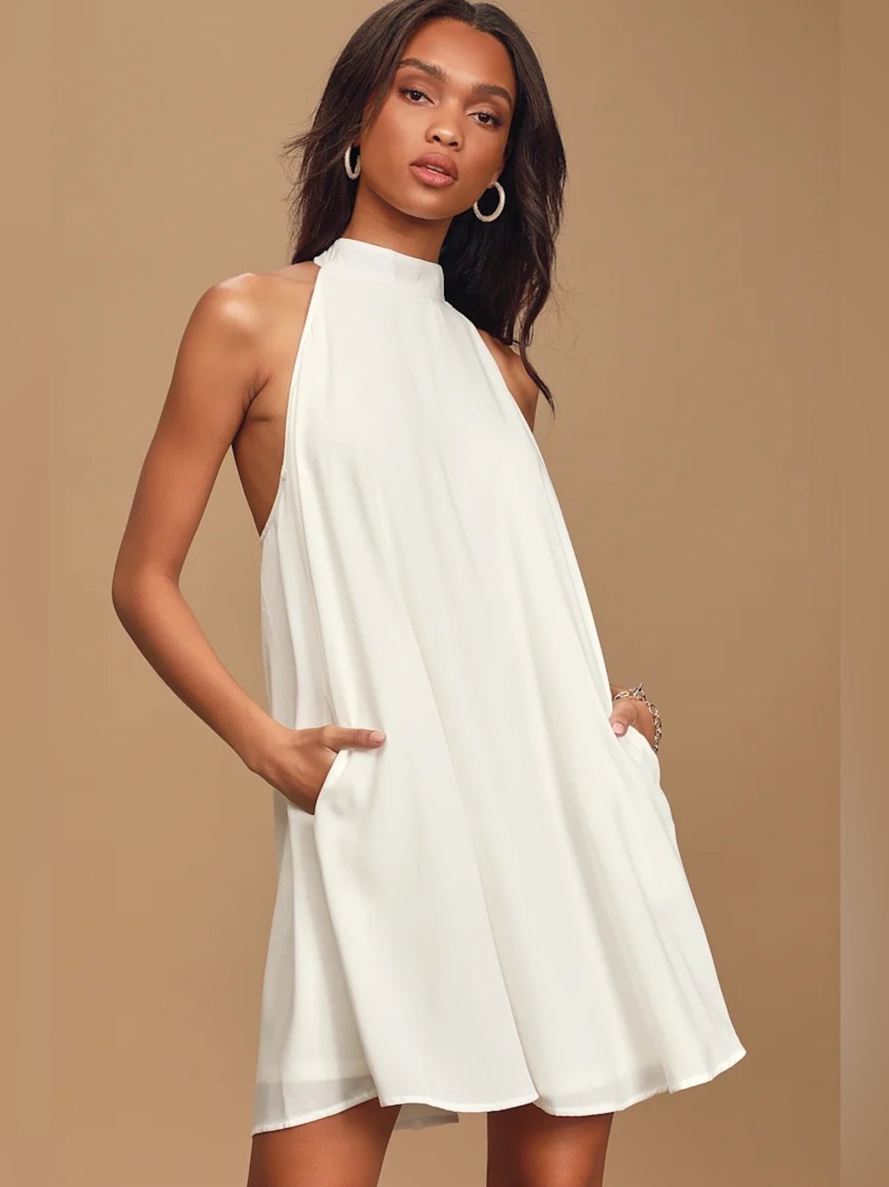 White Lulus Halter Swing Dress (Size Large)
